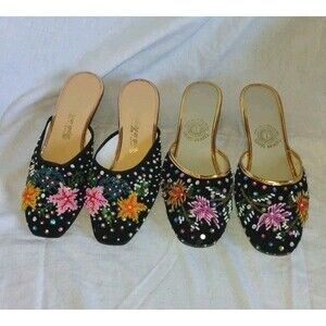 (2) Sz 6 Vintage Oriental Hand Beaded/Sequined Slippers Hong Kong Taiwan Shoes